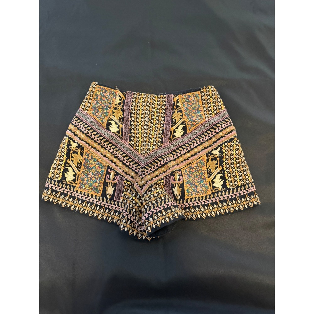 Zara Trafaluc Embroidered Tapestry Boho High Waisted Shorts Black Multi Small